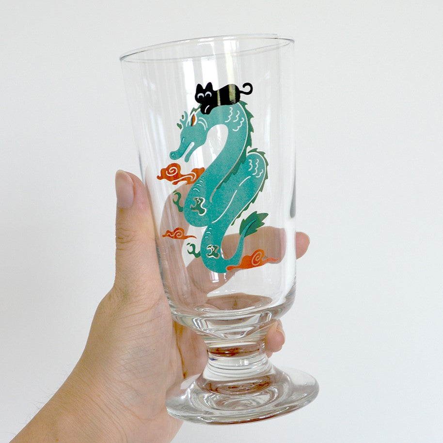 Dragon & Black Cat Tall Drinking Glass, cute cat illustration, chinese dragon year 2024. holding tall beer water drinking glasses