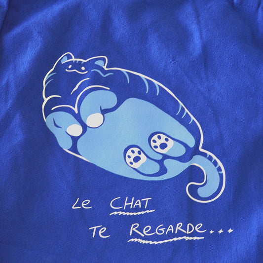 Blue Canvas Shopping Tote with Cute Cat On Glass Cat illustration, fun and cute gift for cat lovers and cat owners