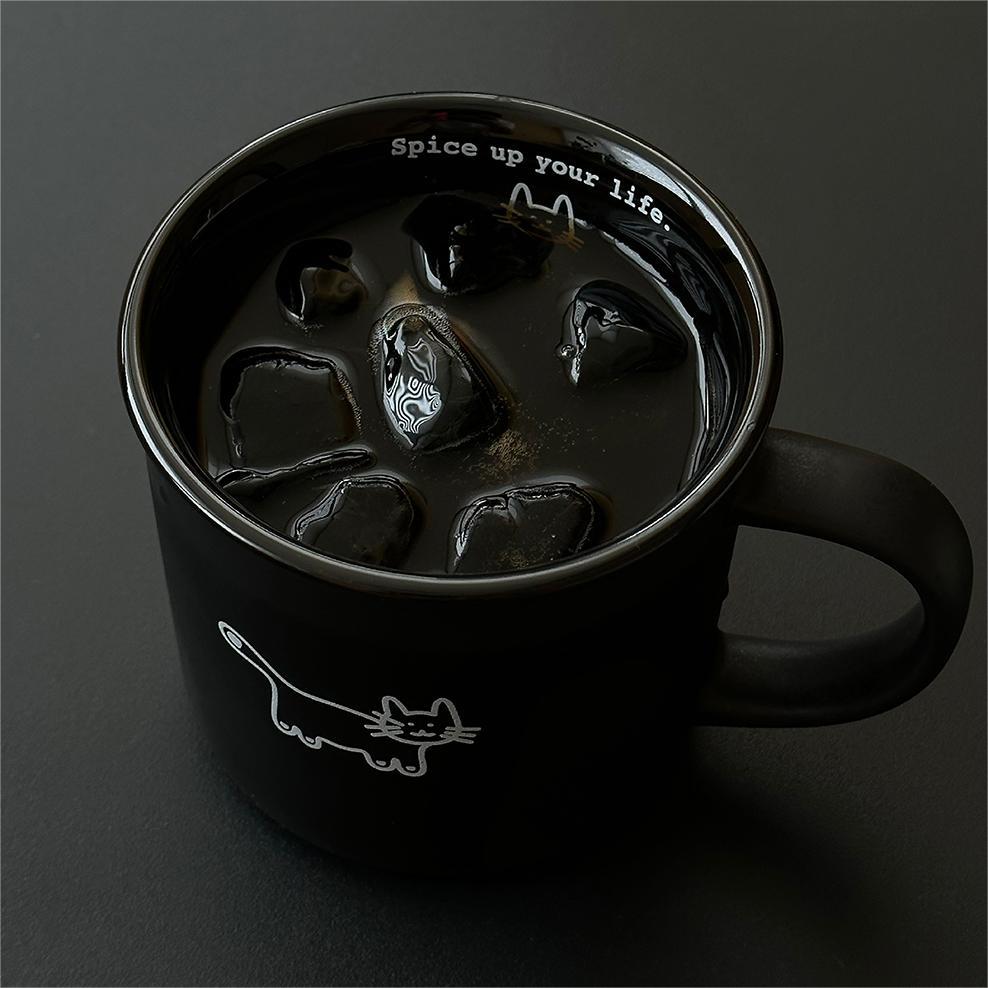 Spice Up Your Life Coffee Mug, Black Ceramic Coffee Mug, Cute Cat illustration Coffee Mug with ice coffee.