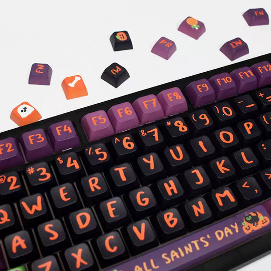 Halloween-themed keycap set with spooky black cat designs, great for gaming keyboards.