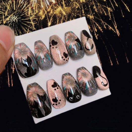 Adorable black cat press-on nails, handmade and ideal for gifting cat lovers