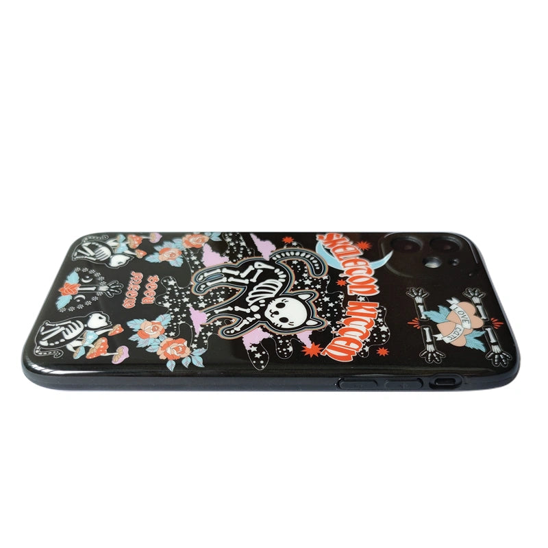 Skeletal black kitten phone case, a gothic Halloween must-have for cat lovers – bold and spooky design from Cat Lady's Find.