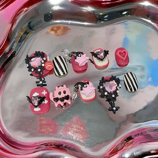 Black and pink gothic cat-themed press on nails for Halloween