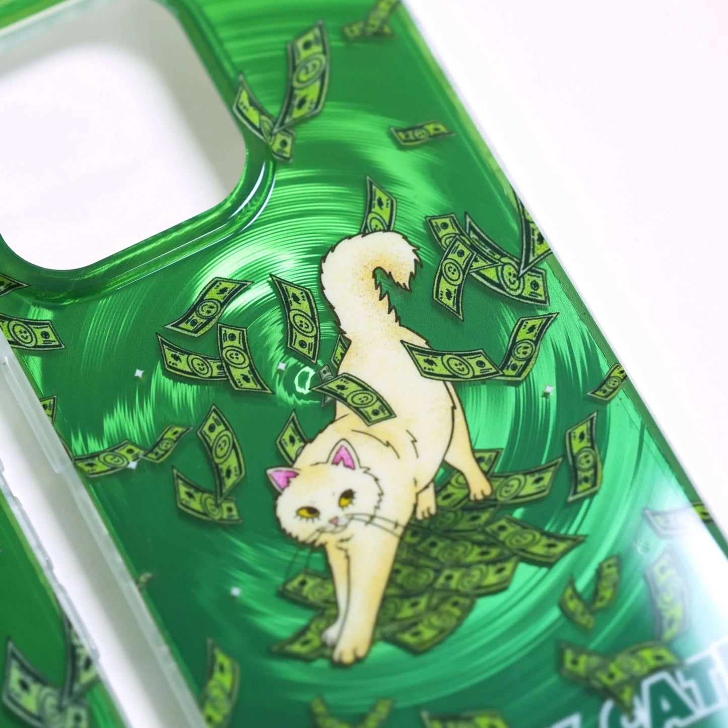 Close-up of the Cash Cat green phone case showing fine details of the money vortex