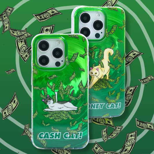 Cash Cat green phone case with a wealth-attracting design