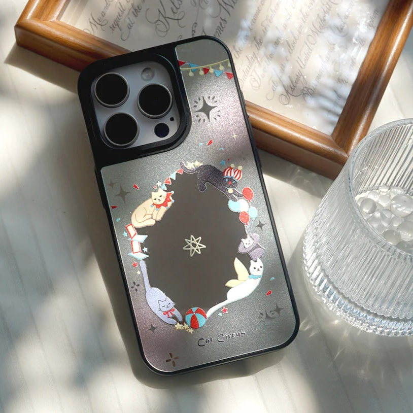Cat Circus mirror phone case with adorable cats performing circus tricks, featuring a built-in mirror