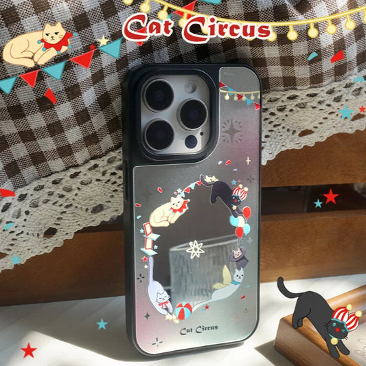 Cat Circus mirror phone case displayed on a table, perfect for cat lovers and circus fans