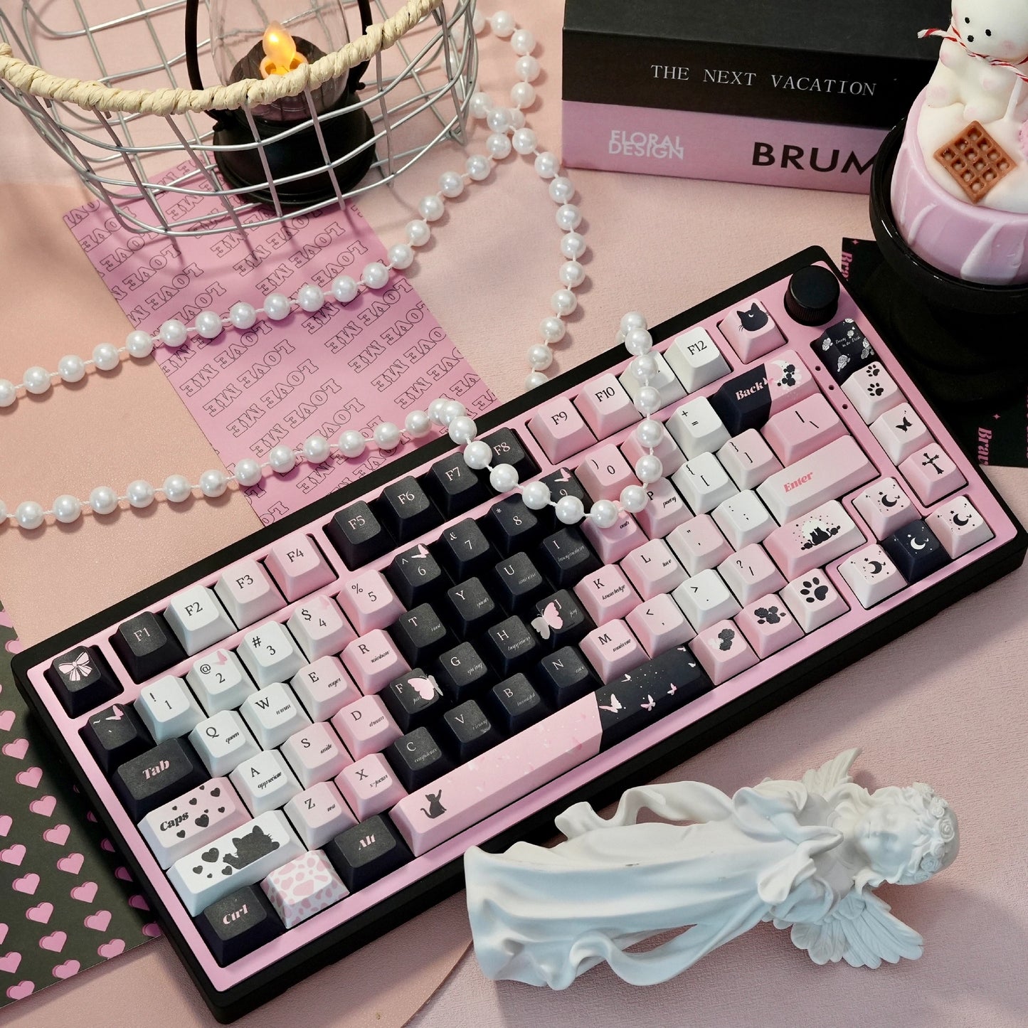 Black and pink cat-themed keycaps designed for cat lovers and keyboard enthusiasts