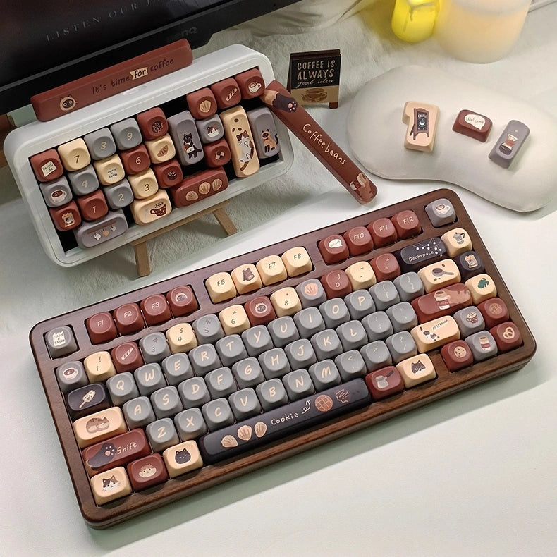 Cute brown Coffee Meowments Keycap Set with black and tabby cats, ideal for cat lovers and keyboard enthusiasts.