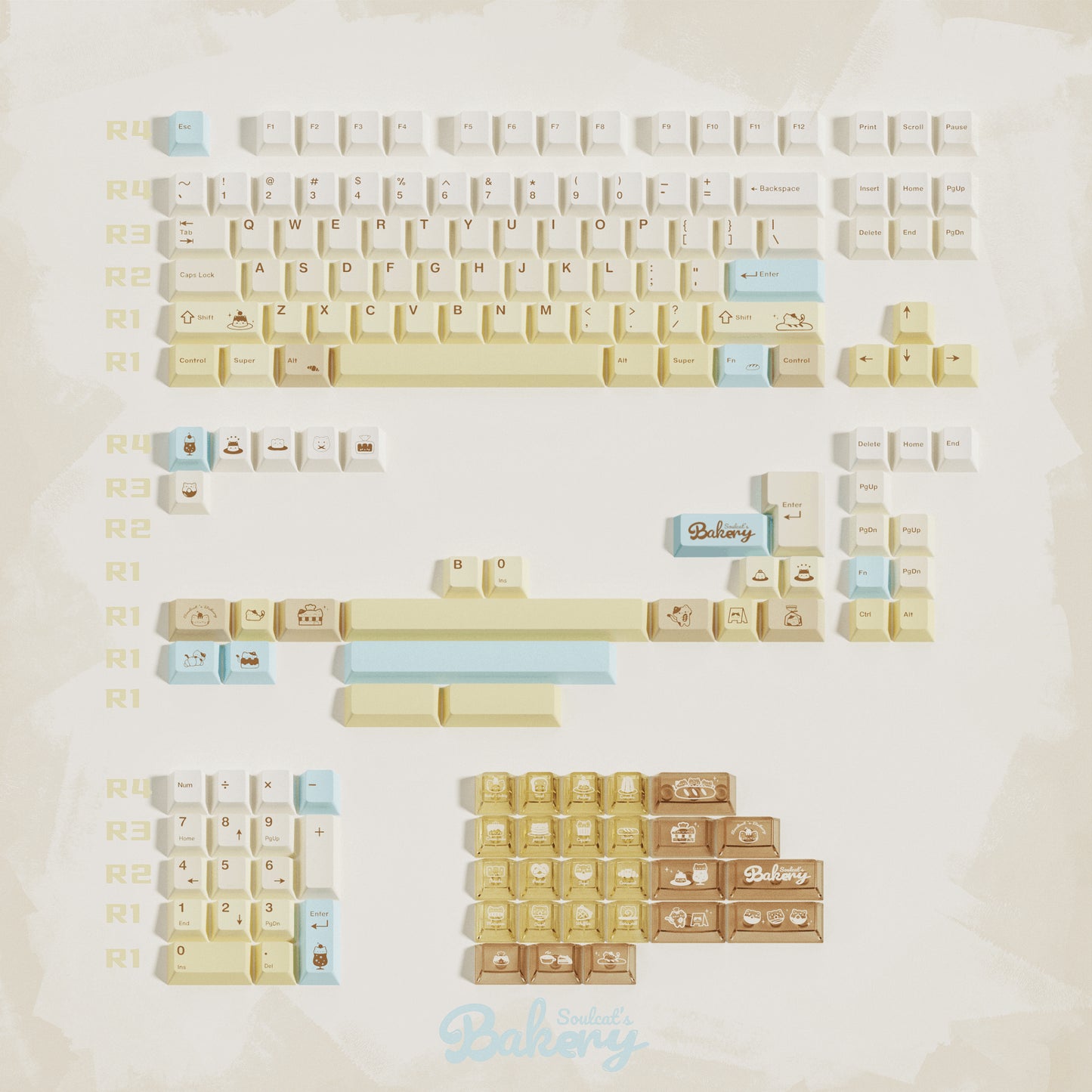 full layout of Baking Meow Meow cat keycap set in yellow, brown, and blue with 167 keys