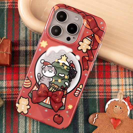 Festive holiday phone case with cat and Christmas tree in snow globe design