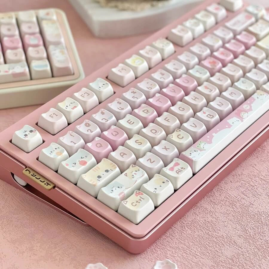 Cupcake Kitten Keycap Set - Side View of Pink Keyboard with Cute Keycaps