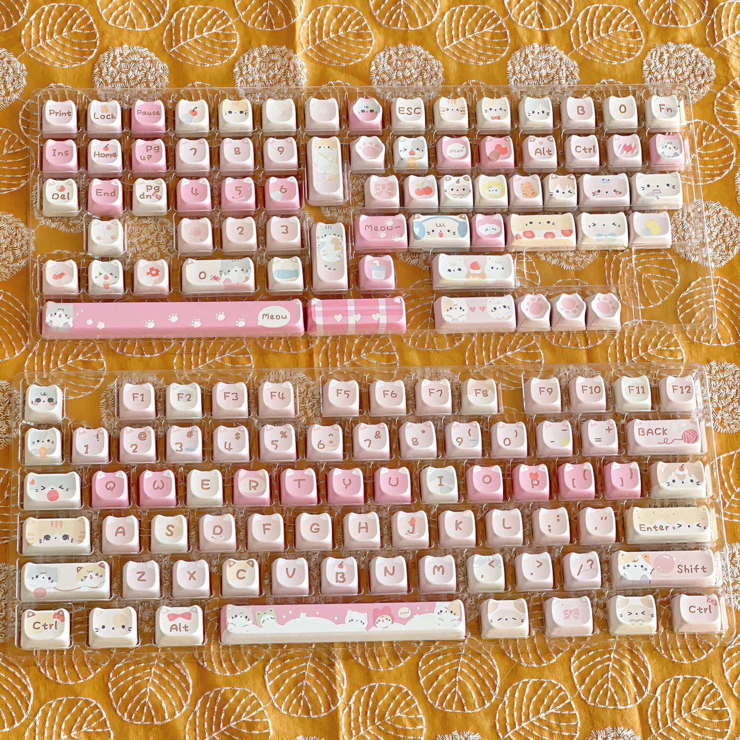 Cupcake Kitten Keycap Set - Top View of Pink and White Keycaps on Keyboard