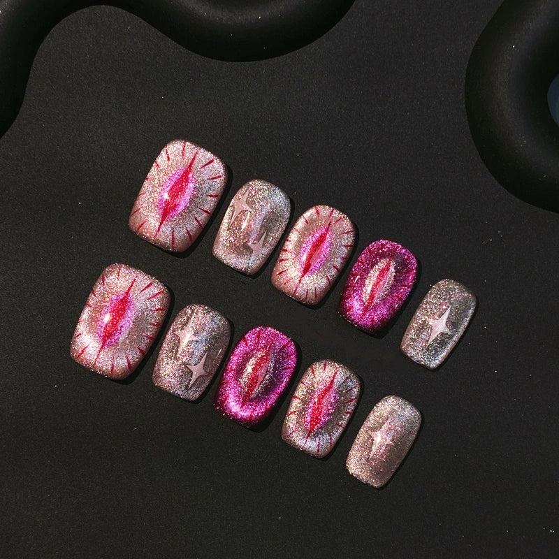 Cupid's Purr-glow Handmade Press On Nails with pink glitter cat-eye design for cat lovers.