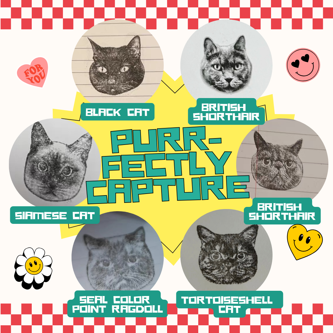 Custom pet stamp showcasing black cats, tortoiseshells, and Ragdolls with clear whisker and fine detail capture – Purrfectly capture every feature.