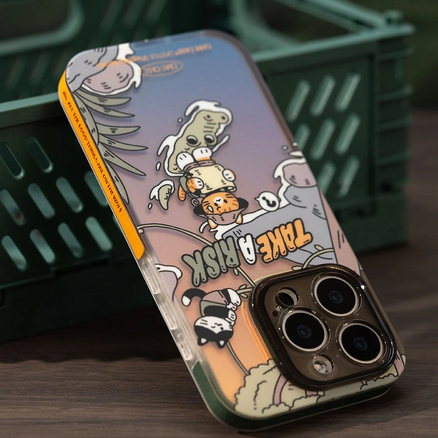 Cute camping cat phone case with jungle scene and gator tiptoe adventure