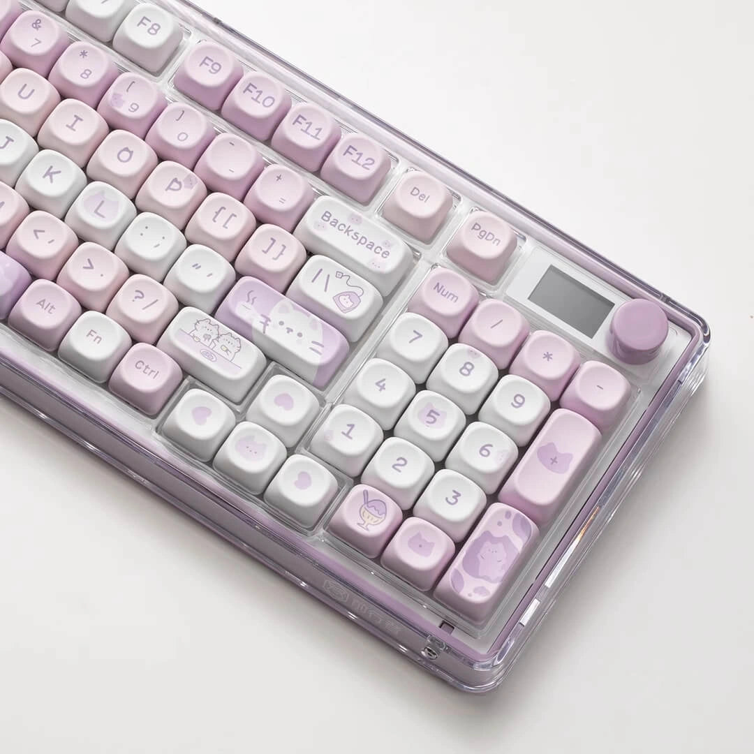 Desert Kitty Keycap Set in purple tones with cute cat and afternoon tea dessert designs
