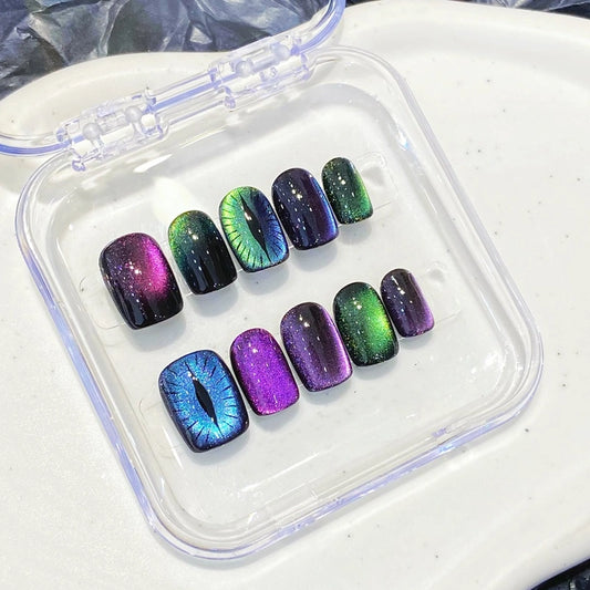 Vibrant cat-eye press-on nails from Feline Glow Vibes collection, ideal Halloween gifts for cat lovers.