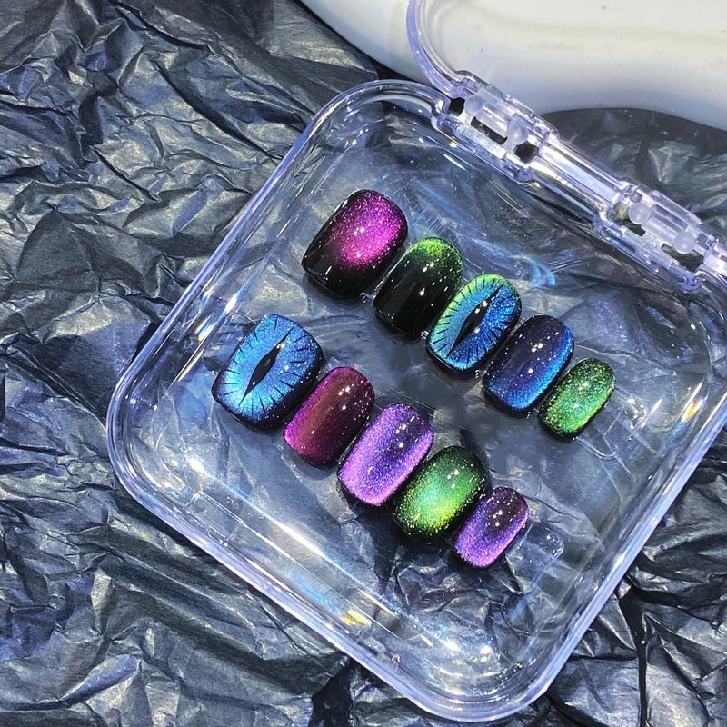 Feline Glow Vibes handmade cat-eye press-on nails in vibrant shades, perfect for cat lovers.
