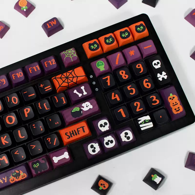 Spooky Meow Magic Keycap Set with Halloween and black cat elements for gamers and cat enthusiasts.