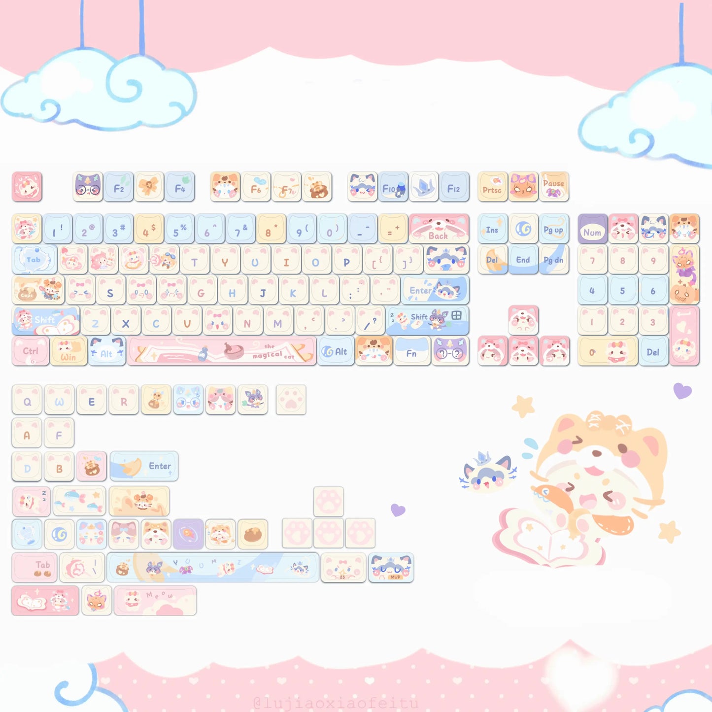 Full kawaii cat keycap set in pastel for anime and gaming setups