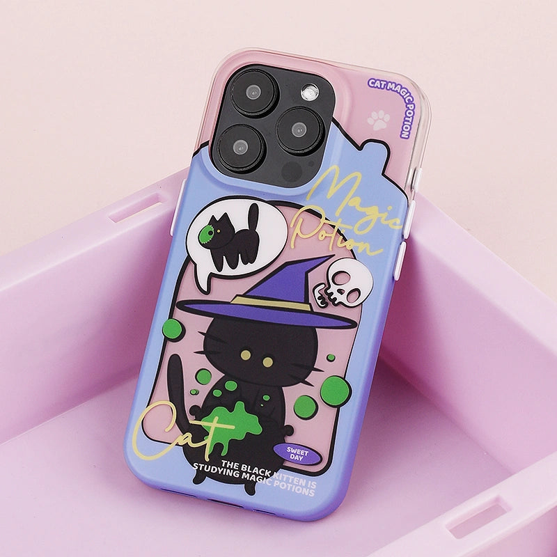 "Adorable Cat-tastic Wizardry phone case showcasing a black cat in a witch hat, creating magic with green bubbles โ a must-have gothic accessory for Halloween lovers, by Cat Lady's Find.