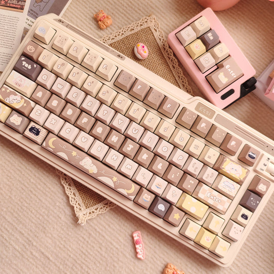 Cute brown cat keycaps with a moon theme for mechanical keyboards and gaming setups.