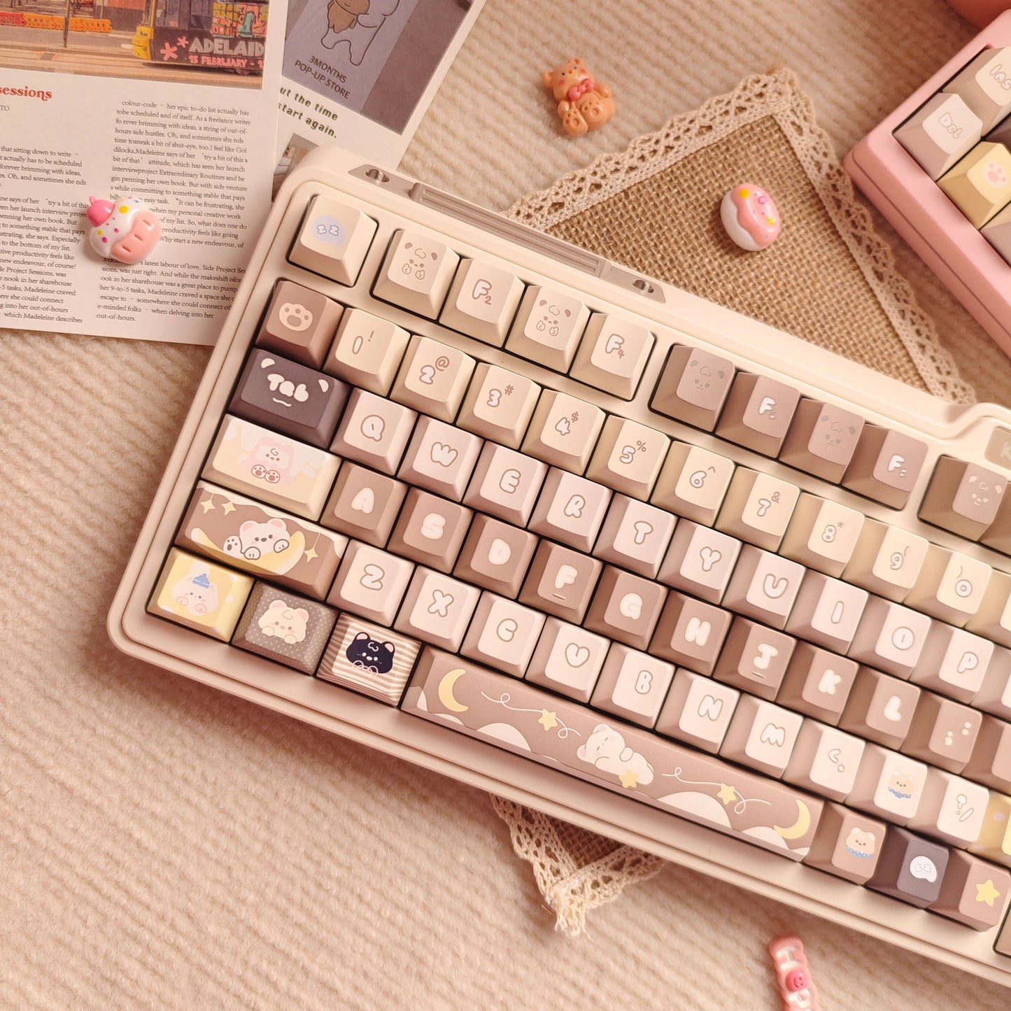 Mocha Moon Cat Keycap Set featuring cute brown cat and moon designs for mechanical keyboards.