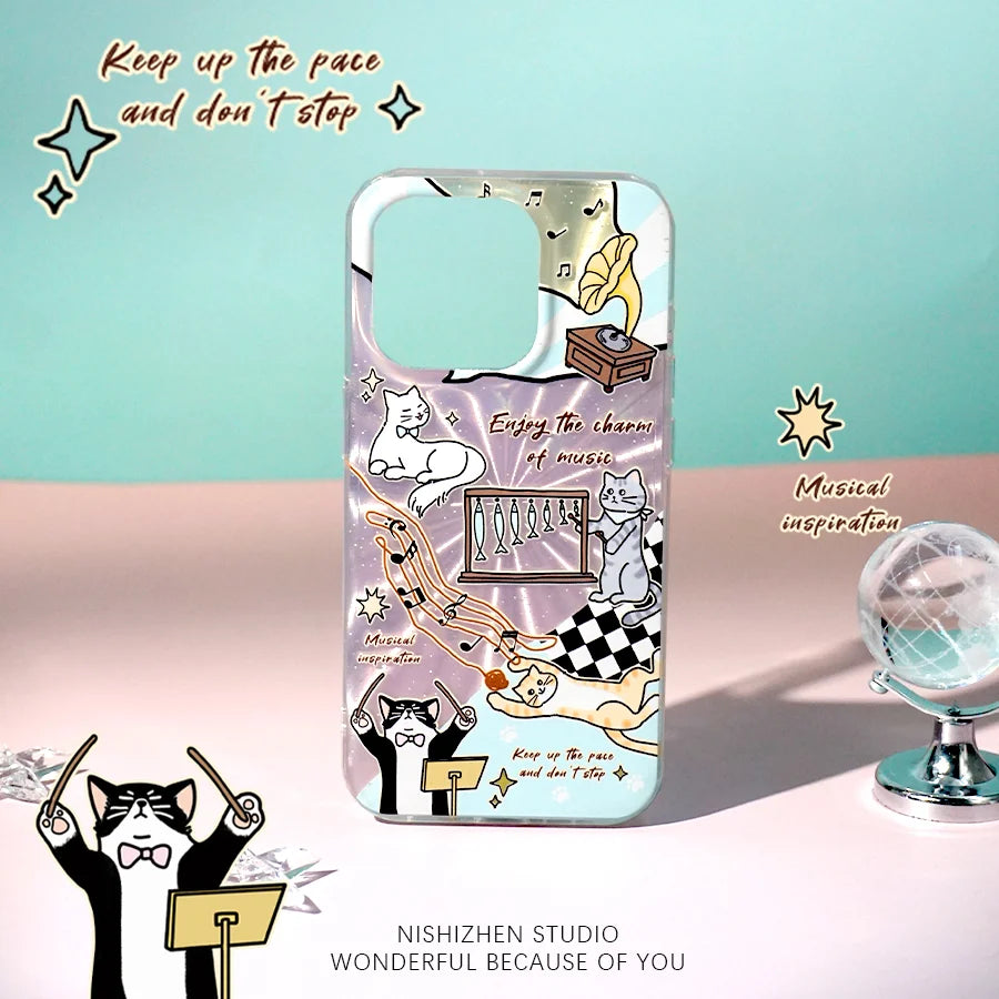 Music Cat IMD glitter phone case featuring adorable cartoon cats playing musical instruments