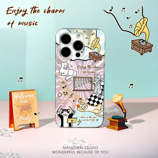 Zoom-in on the glitter effect of the Music Cat phone case, reflecting light beautifully for a dreamy aesthetic