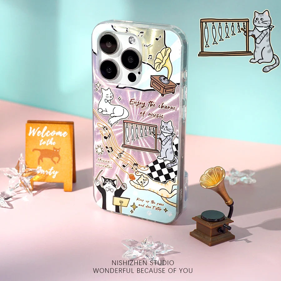 Music Cat glitter phone case displayed on a table, perfect for cat and music lovers