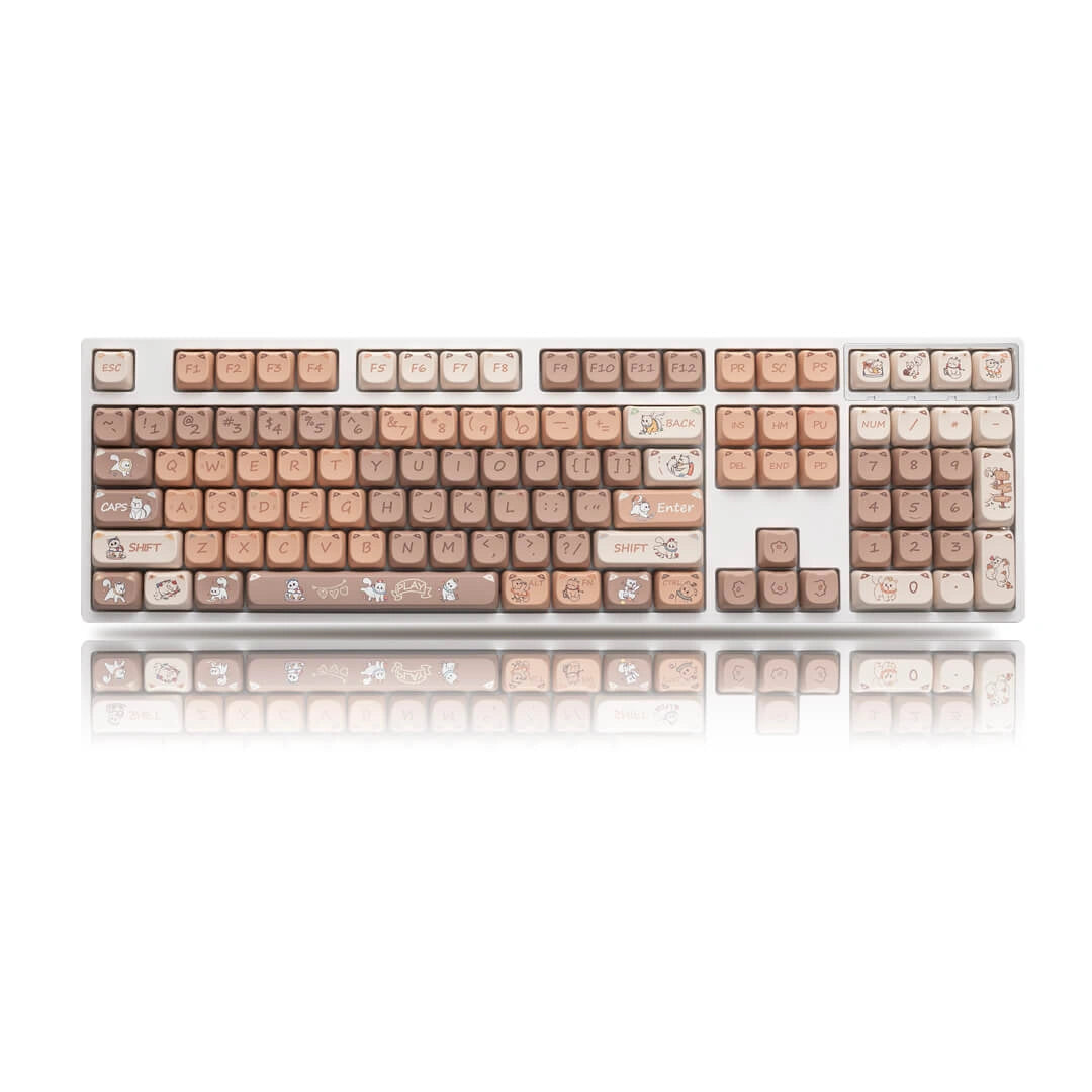 Complete view of the Naughty Cat Keycap Set featuring brown and beige cat-shaped keycaps with mischievous cat illustrations.