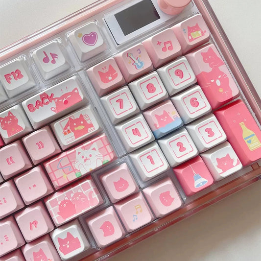 Close-up of cute Jingle Paws cat-themed pink keycaps for gamer girls and cat lovers