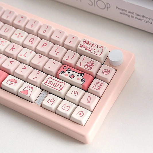 Angle view of the Pink Meow Meow Keycap Set highlighting the detailed cat-themed keycaps.