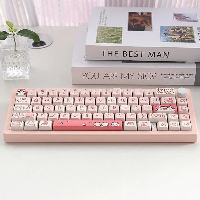 Overview of the Pink Meow Meow Keycap Set with multiple keycaps showcasing adorable cat illustrations.