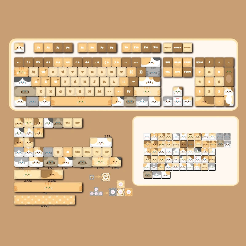 Adorable brown beige cat keycaps for mechanical keyboards, perfect for gaming setups.
