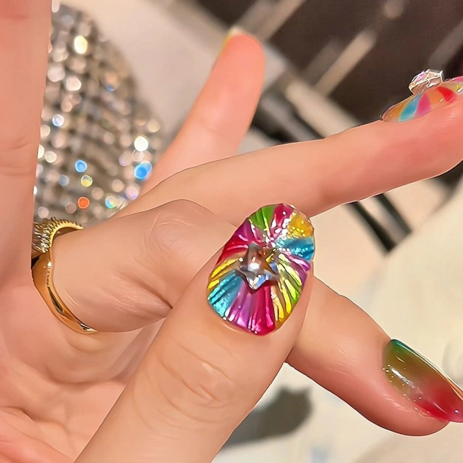 Colorful rainbow heart-themed press-on nails for a fun and playful look
