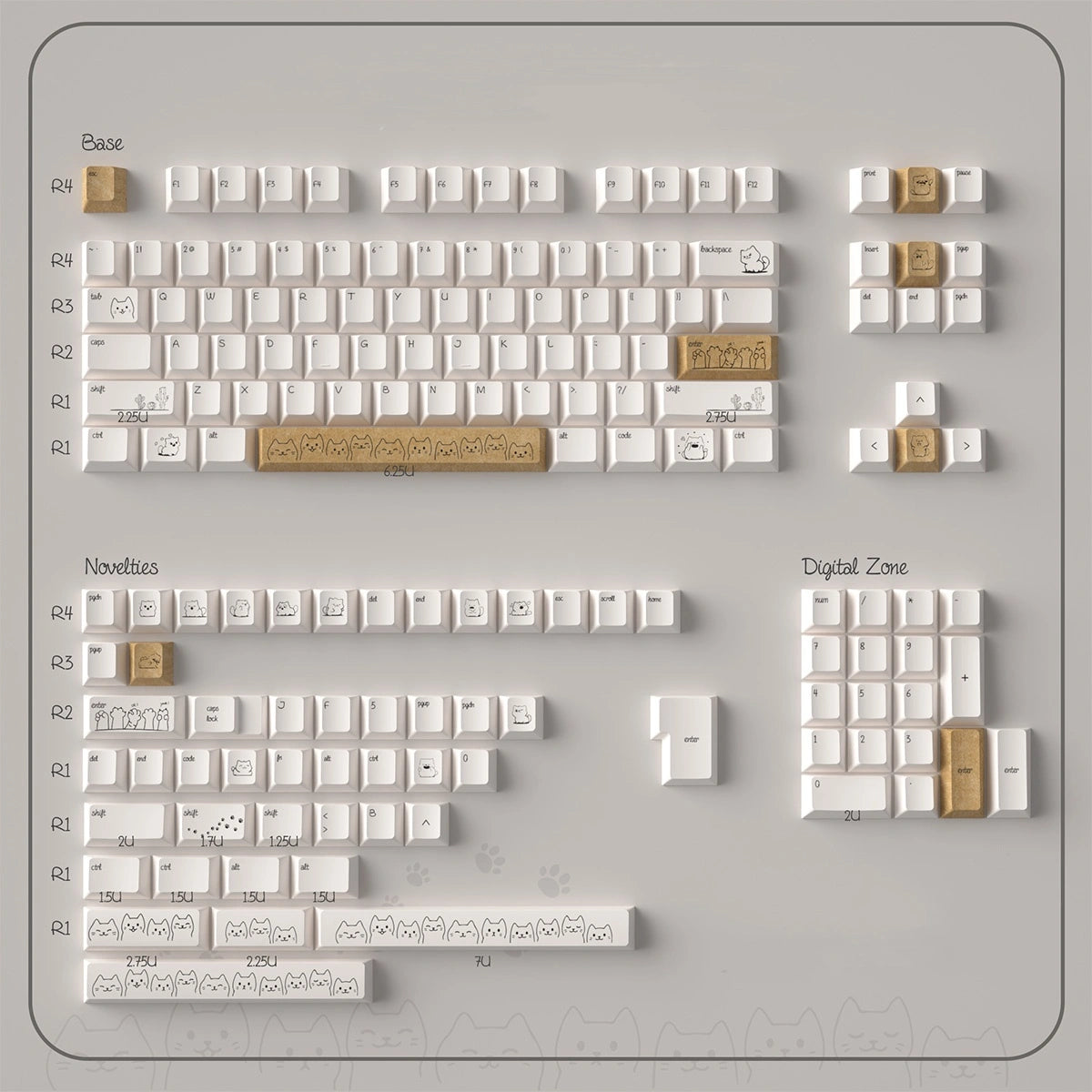 Cat-themed keycap set with small fonts and minimalist aesthetics - perfect for gamers.