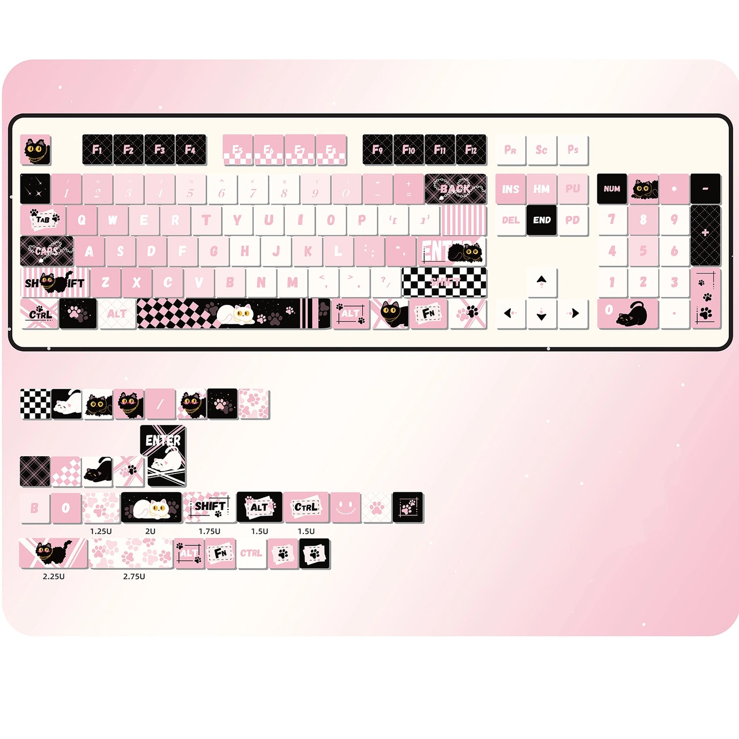 Cute mechanical keyboard keycap set with a black cat and sassy pink patterns, perfect for gifts.