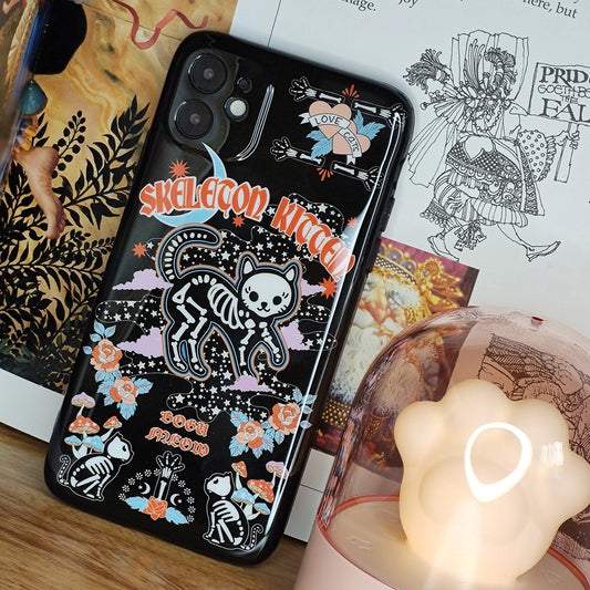 Gothic Skeleton Kitten phone case with a black cat design, ideal for Halloween and those who love spooky cat-themed accessories – Cat Lady's Find.