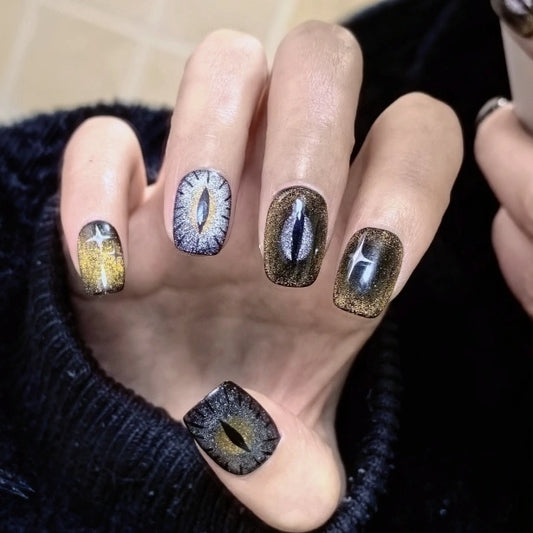 Cat-eye nail art for cat lovers – Starry Purr-gaze Handmade Press-On Nails with vibrant sparkle.