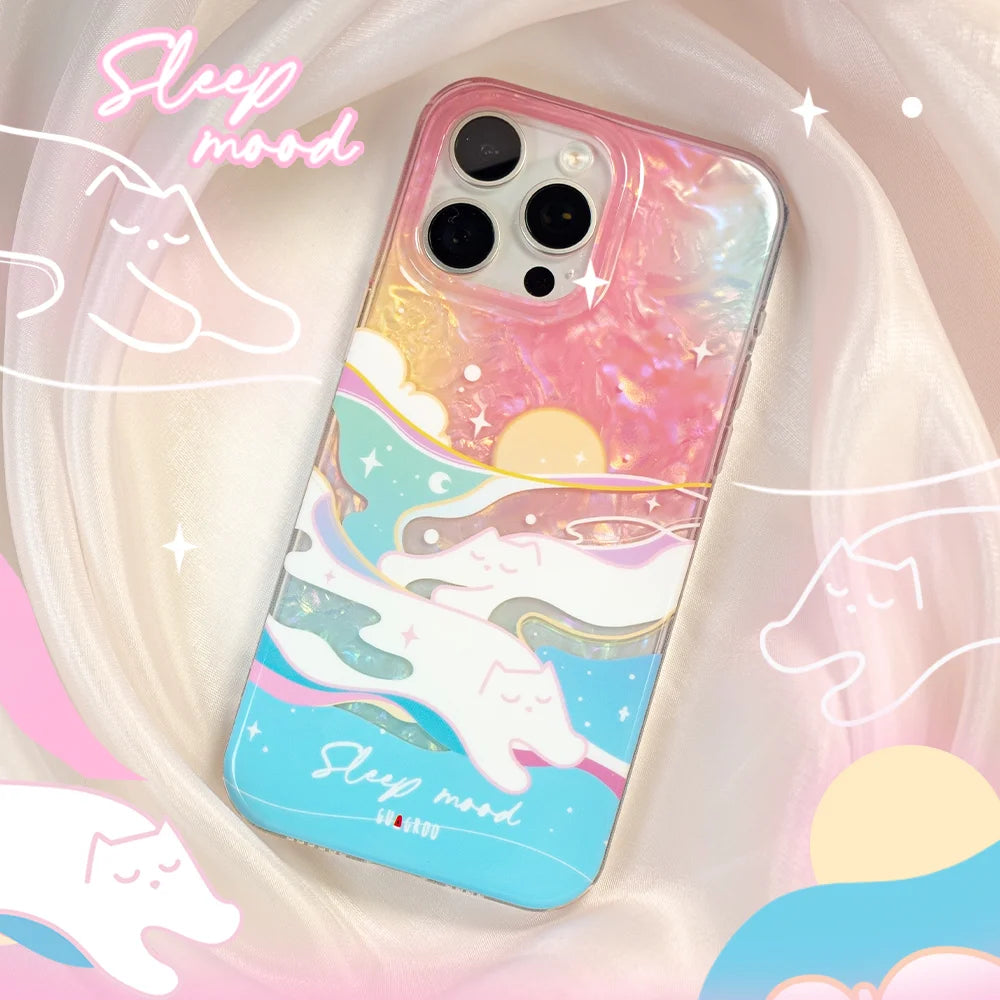 Wave Cat phone case with adorable illustrated cats surfing on ocean waves, featuring a dreamy gradient shell texture