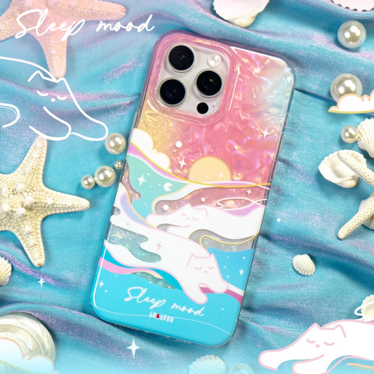 Detailed shot of the shell gradient finish on the Wave Cat phone case, reflecting light beautifully