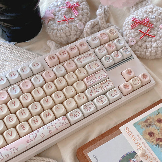 Cute white cat keycap set with a soft pink and yellow color palette, perfect for gamer girls and cat lovers.