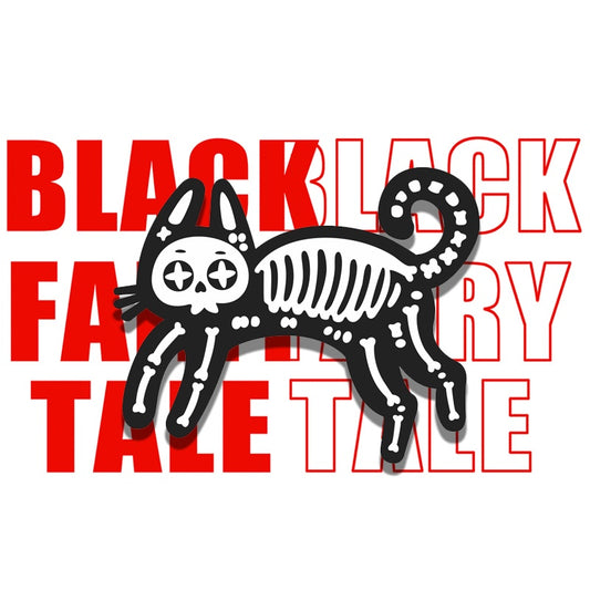 Black Fairy Tale Pin - a handmade pin with a gothic style cat bone design. Perfect for cat lovers, gothic enthusiasts, and black cat owners. Below has written the red and white letter, Black Fairy Tale
