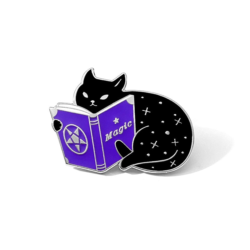 magic cat pin, a cute black cat reading a purple magic book, pawsome gift for cat lovers and black cat owners, suitable for women backpack and camera strap