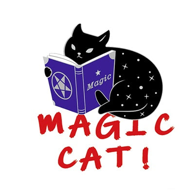 a cute black cat reading a purple magic book, pawsome gift for cat lovers and black cat owners