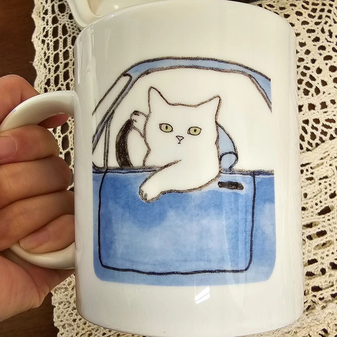 City Cat's Life Coffee Mug, handmade bone china coffee mug, white cat driving the blue car