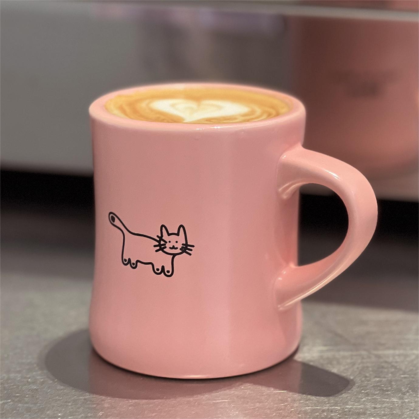 Aimer Pink Love Yourself Coffee Mug, cute cat illustration, with latte in it. Pawsome Gift for Cat Lovers and Cat Owners.
