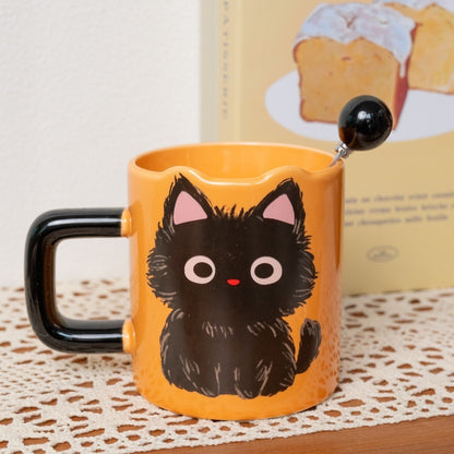 Love My Sweet Cat Coffee Mug, Orange Mug with Cute Fluffy Black Cat Print, Handmade Coffee Mug with Cute Cat Tail Styled Spoon